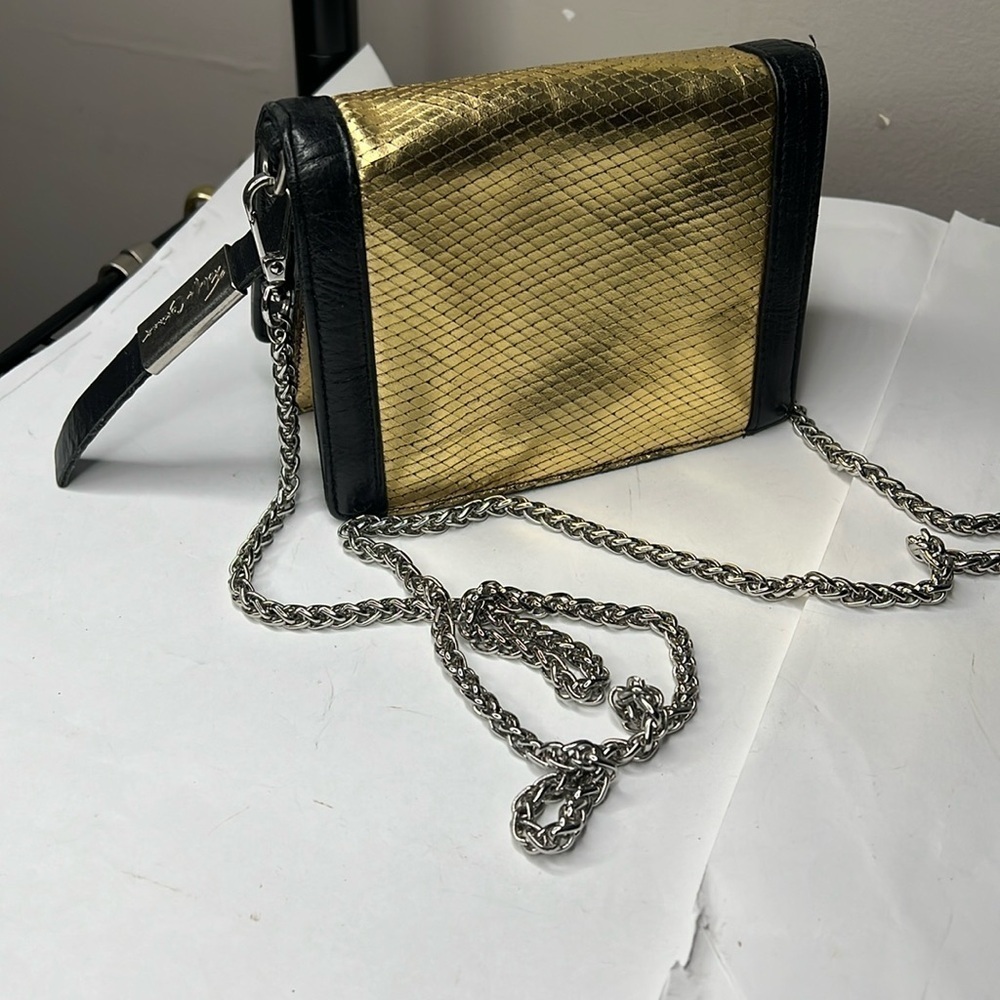 Foley + Corinna Gold Lame Snakeskin Embossed Black Leather Small Wallet on Chain